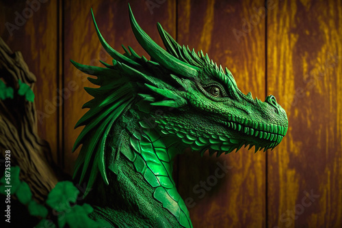 Green wooden dragon on wooden background. Zodiac sign  year of the Green Wooden Dragon. Generative AI.