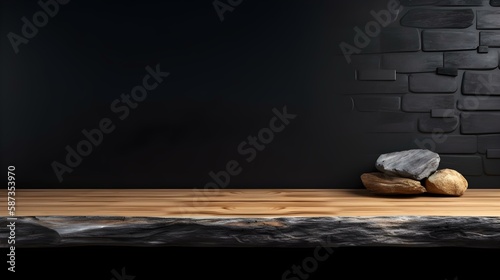 Wooden Table or Countertop with Black Stone Wall Background