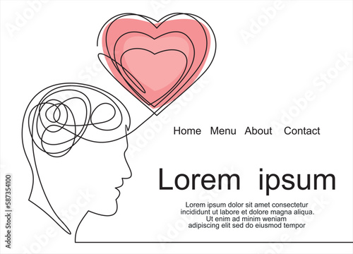 Continuous one line drawing of human head with a hearts. Vector illustration. Concept of mental disorder, finding solution, chaotic thinking process, confused mind.