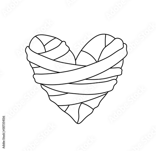 Vector isolated one single healing bandaged heart  colorless black and white contour line easy drawing