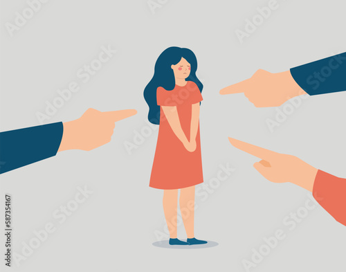 Woman suffers from bullying and defends herself from abusers. Victim gets abused and blamed by people who points fingers on her. Stop violence, abuse and hate against women. Vector illustration
