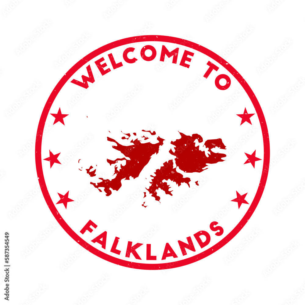 Welcome to Falklands stamp. Grunge country round stamp with texture in Silken Ruby color theme. Vintage style geometric Falklands seal. Charming vector illustration. Welcome to Falklands stamp. Grunge country round stamp with texture in Silken Ruby color theme. Vintage style geometric Falklands seal. Charming vector illustration.