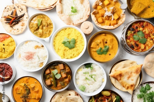 Indian ethnic food buffet on white concrete table from above curry, samosa, rice biryani, dal, paneer, chapatti, naan, chicken tikka masala, mango lassi, dishes of India for dinner background