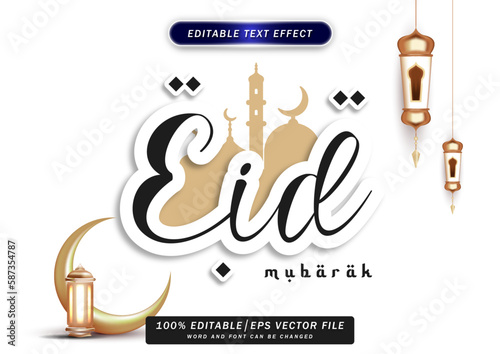Eid mubarak editable text effect. simple paper text style. 3d vector illustration