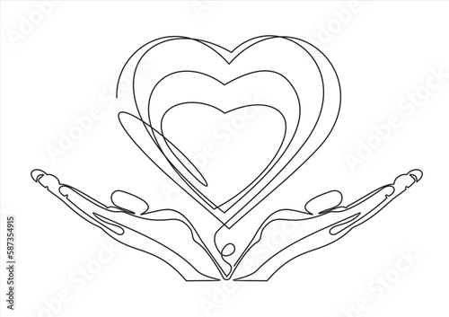 Single continuous line of hands holding hearts on a white background. Black thin line of the hands with hearts.