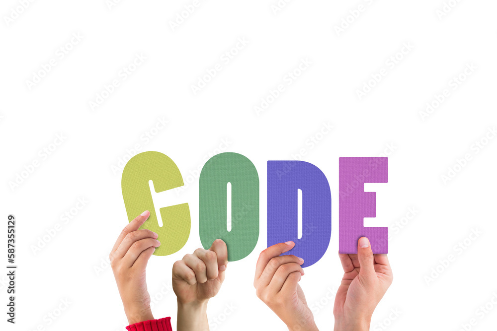 Colorful alphabet spelling code held up by people Colorful alphabet spelling code held up by people