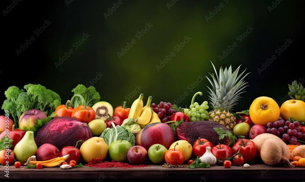 fruits, vegetables, and berries for your layout on green blurred background. Fresh vegetables and fruits background. Generative Ai.