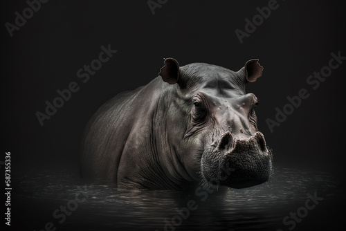 Hippopotamus in water on a dark background.