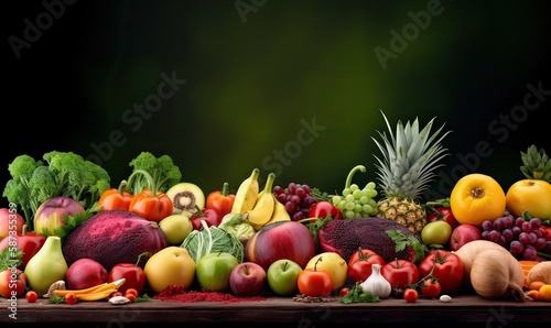 fruits  vegetables  and berries for your layout on green blurred background. Fresh vegetables and fruits background. Generative Ai.