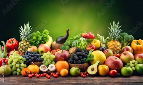 fruits  vegetables  and berries for your layout on green blurred background. Fresh vegetables and fruits background. Generative Ai.