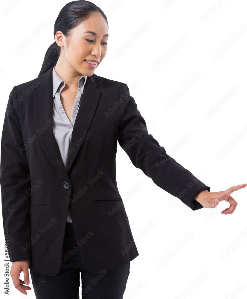 Businesswoman pressing an invisible virtual screen Businesswoman pressing an invisible virtual screen