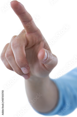 Hand of man pretending to touch invisible screen