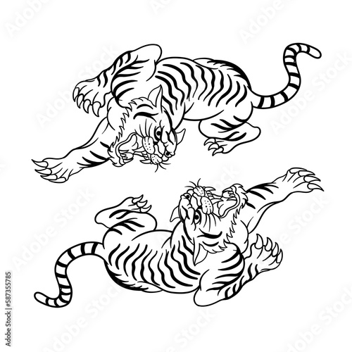 Hand drawn illustration of traditional tiger tattoo outline