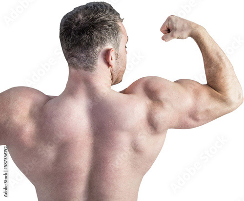 Strong bodybuilder with arms up