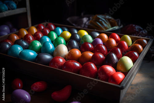 Easter composition  spring bibrant colorfull quail eggs black background top viwe. Springtime and Easter holiday concept