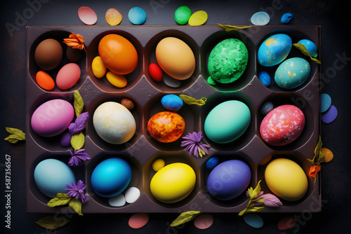 Easter composition  spring bibrant colorfull quail eggs black background top viwe. Springtime and Easter holiday concept photo