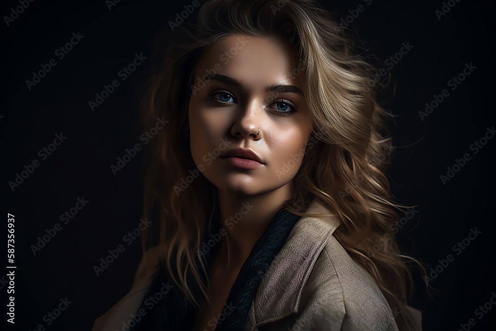 Digital illustration of a close-up portrait of a Young beautiful woman female face with natural perfect skin blonde hair. Generative AI.