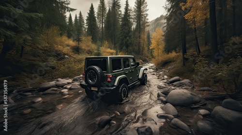 Offroad race on fall nature background. Cars racing in autumn forest. SUV or offroad car on path covered with grass crossing puddle with dirt splash. Generative Ai.