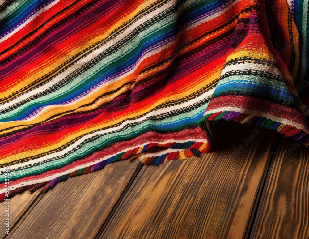 Mexican blanket, bright color stripe pattern, wooden table. background Cinco de Mayo fiesta. Generative AI Mexican blanket, bright color stripe pattern, wooden table. background Cinco de Mayo fiesta. Generative AI