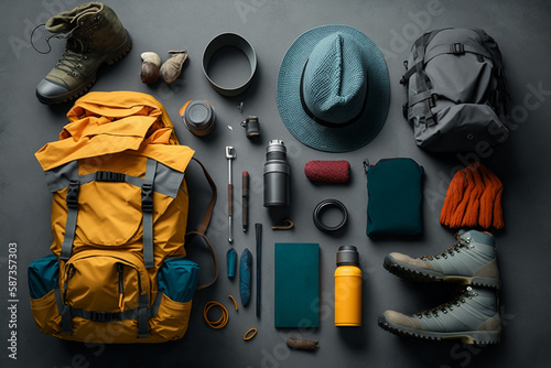 Flat lay of camping equipment and trekking clothes. Packing backpack for a trip concept with traveler items isolated on a grey background. Generative AI.