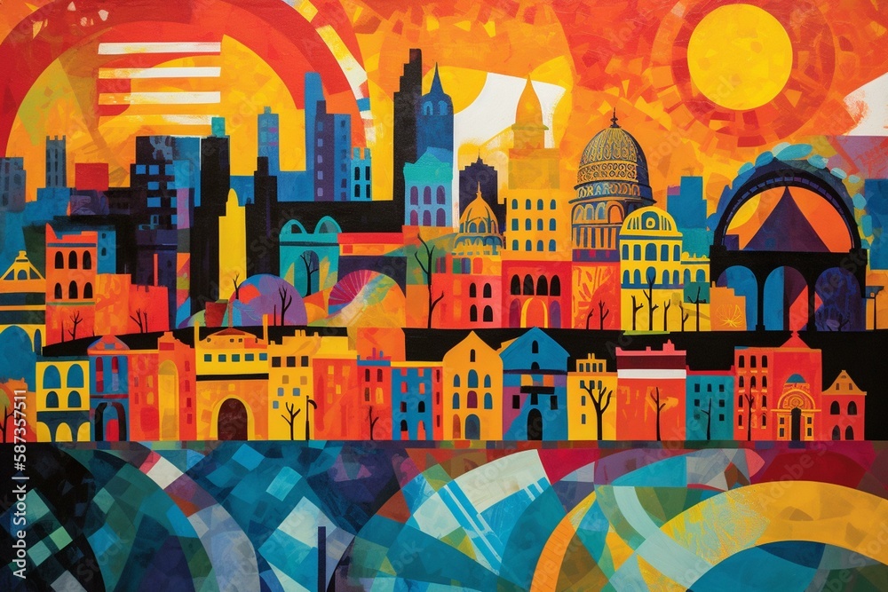 Obraz premium exploration and discovery, using bold and bright colors, iconic landmarks, and scenic views Generative AI