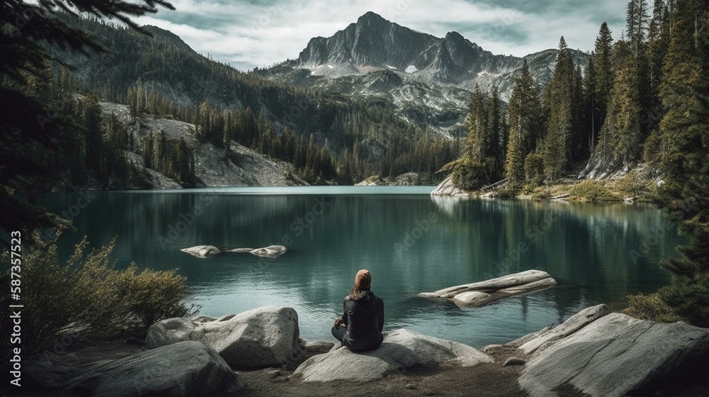 A traveler sitting on a rock, gazing out at a serene mountain lake surrounded by tall trees and rugged mountains Generative AI