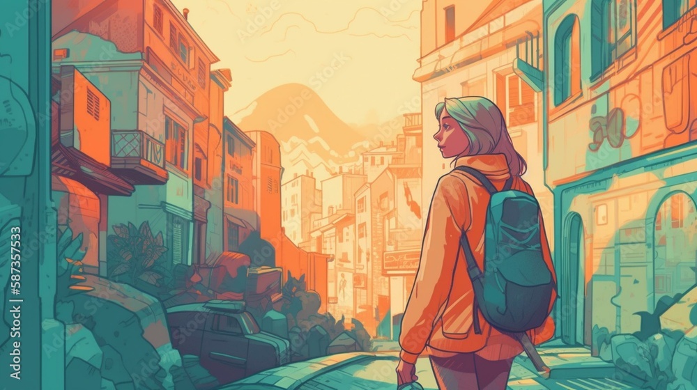 An illustration of a traveler in a foreign city, with a focus on the local culture and customs Generative AI