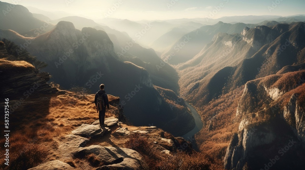 A traveler walking along the edge of a cliff, overlooking a vast, dramatic landscape of mountains and valleys Generative AI