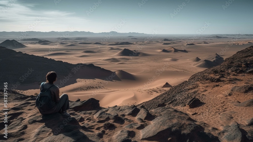 A traveler sitting on a rocky outcropping overlooking a vast, sweeping desert landscape with a few distant sand dunes Generative AI