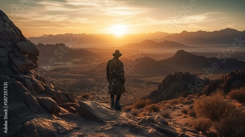 A traveler standing on a rocky outcropping, watching the sun rise over a vast, sweeping desert landscape Generative AI