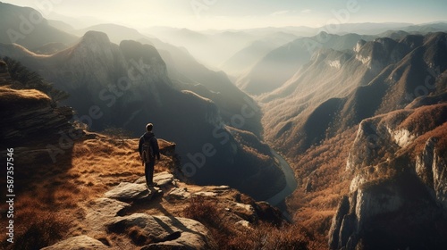 A traveler walking along the edge of a cliff, overlooking a vast, dramatic landscape of mountains and valleys Generative AI
