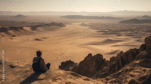A traveler sitting on a rocky outcropping overlooking a vast, sweeping desert landscape with a few distant sand dunes Generative AI