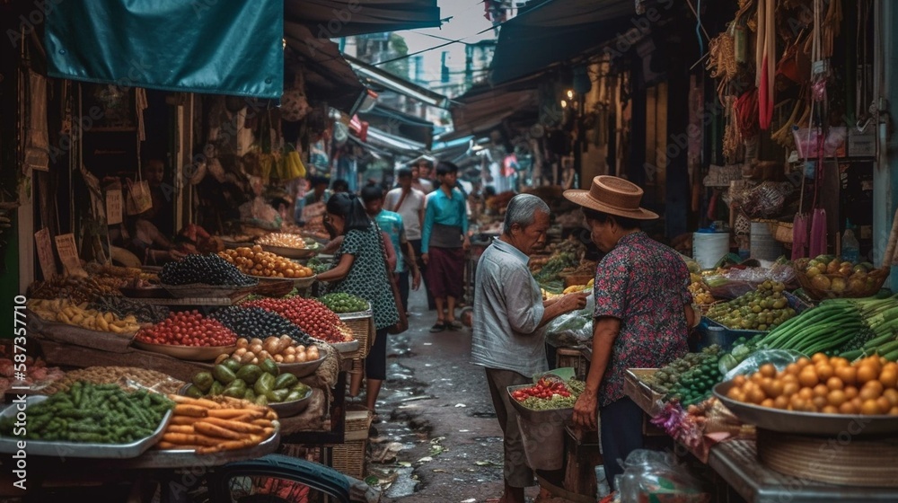 A traveler wandering through a bustling, colorful street market, sampling local delicacies and interacting with vendors Generative AI