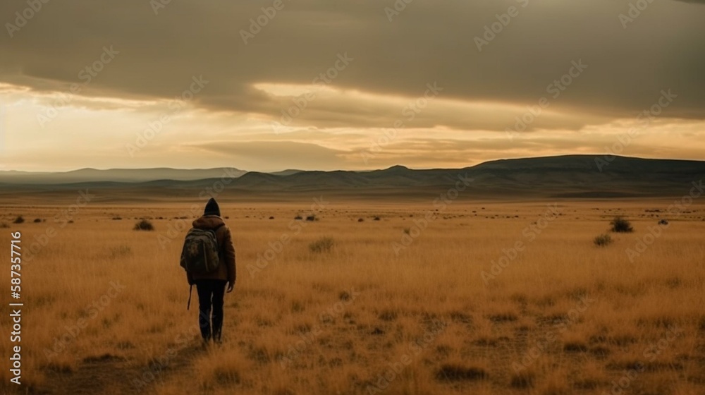 A traveler standing in the middle of a vast, open plain, feeling the wind and the sense of freedom Generative AI