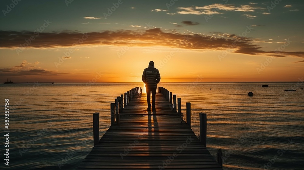 A traveler standing on a pier, watching a beautiful sunset over a calm ocean Generative AI