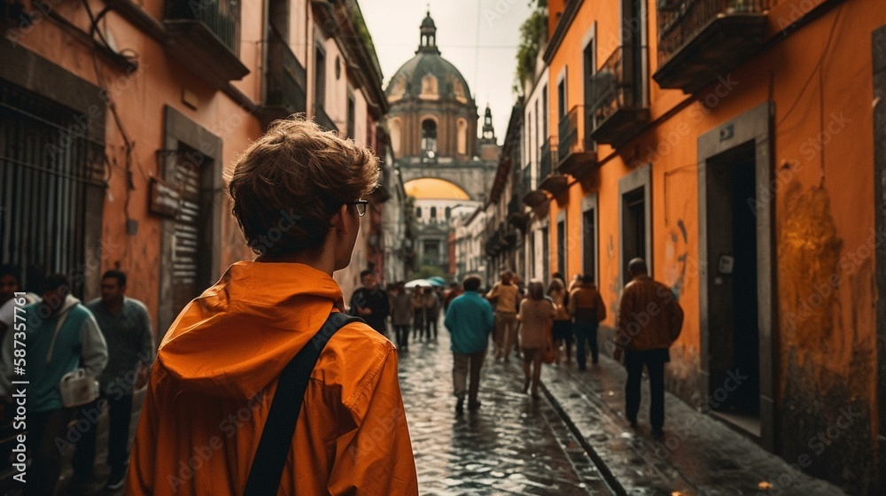 A traveler exploring a vibrant, bustling city, discovering its culture, architecture, and people Generative AI A traveler exploring a vibrant, bustling city, discovering its culture, architecture, and people Generative AI