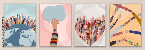 Volunteer people group concept flyer brochure poster editable template.Multicultural people with hands raised around the earth. People diversity. Solidarity.NGO Aid concept. Heart shape photo