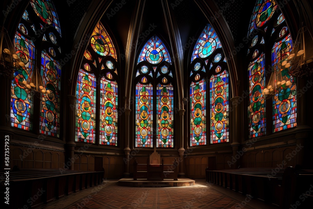 Illuminated Stained Glass Windows in a Church, Generative AI.