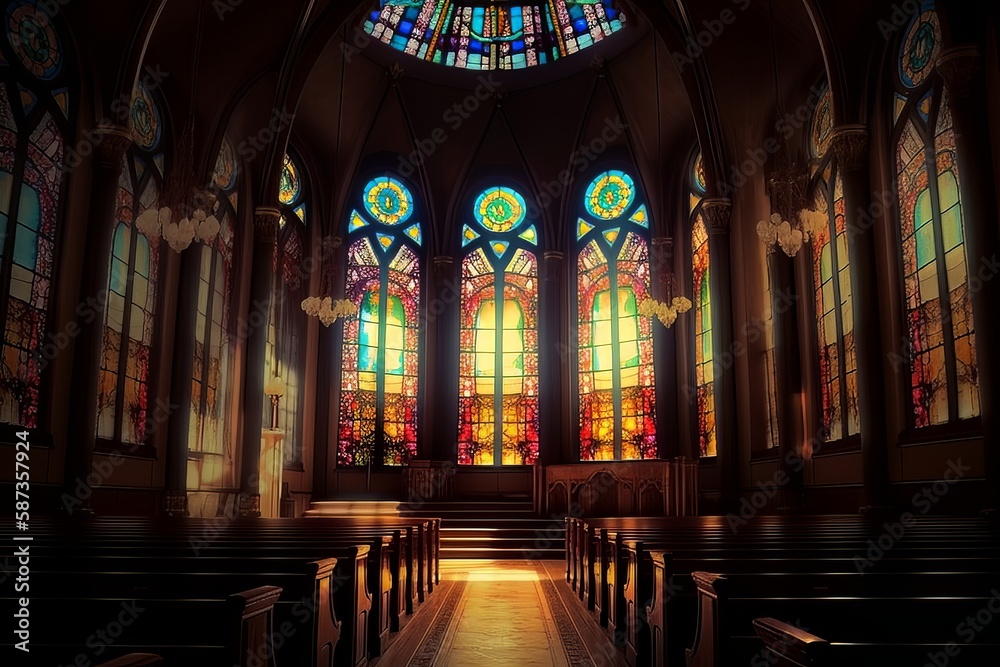 Fototapeta premium Illuminated Stained Glass Windows in a Church, Generative AI.