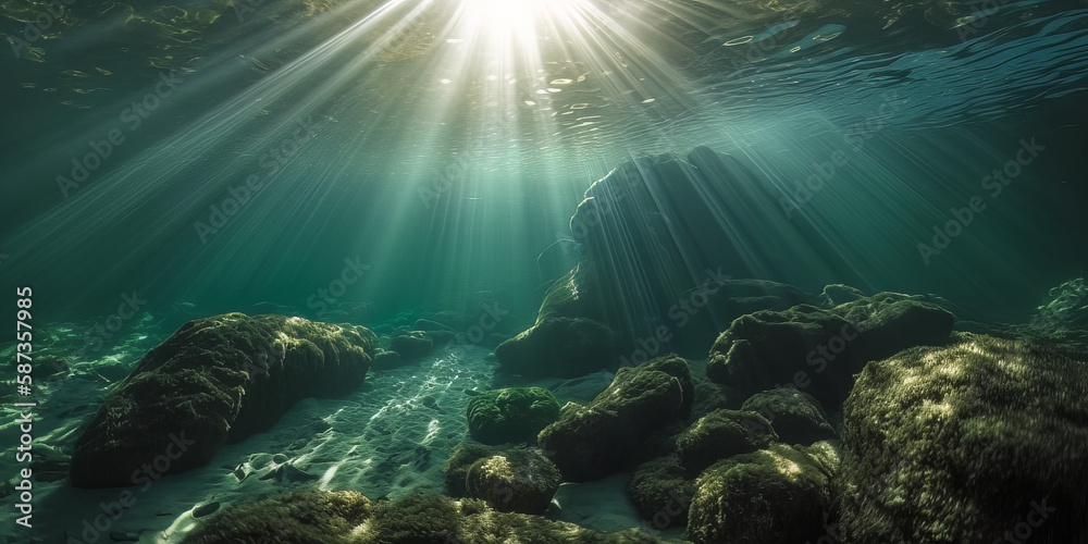 Exploring the Mystical Underwater World: Sunlight Illuminates Seabed Rocks and Algae in Crystal Clear Waters, Generative AI.