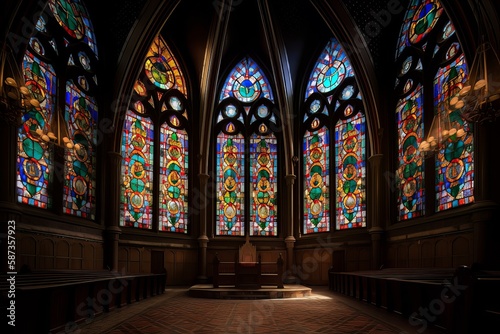 Illuminated Stained Glass Windows in a Church  Generative AI.