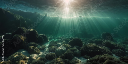 Exploring the Mystical Underwater World: Sunlight Illuminates Seabed Rocks and Algae in Crystal Clear Waters, Generative AI.