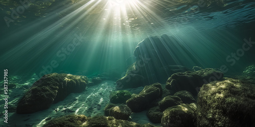 Exploring the Mystical Underwater World  Sunlight Illuminates Seabed Rocks and Algae in Crystal Clear Waters  Generative AI.