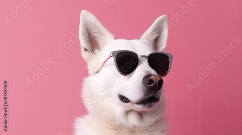 Cool dog with heart-shaped sunglasses. Generative AI © AdriFerrer