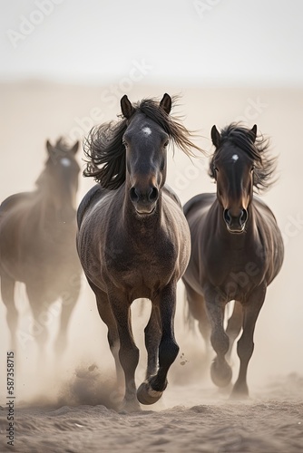 Horses with long mane portrait run. Generative AI © AdriFerrer