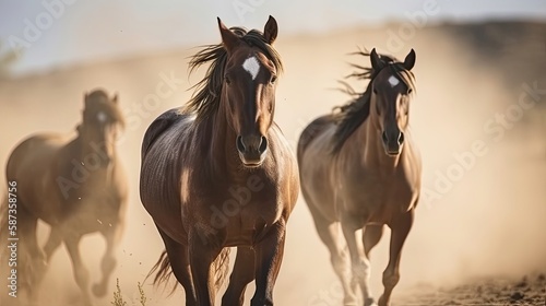Horses with long mane portrait run. Generative AI © AdriFerrer