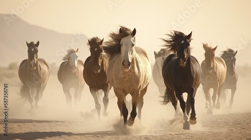 Horses with long mane portrait run. Generative AI
