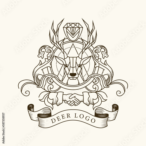 deer emblem logo template, with diamond and handshake emblem.