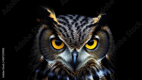 Yellow eyes of angry horned owl. Generative AI