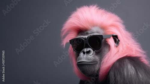 Cool gorilla with pink hair. Generative AI © AdriFerrer